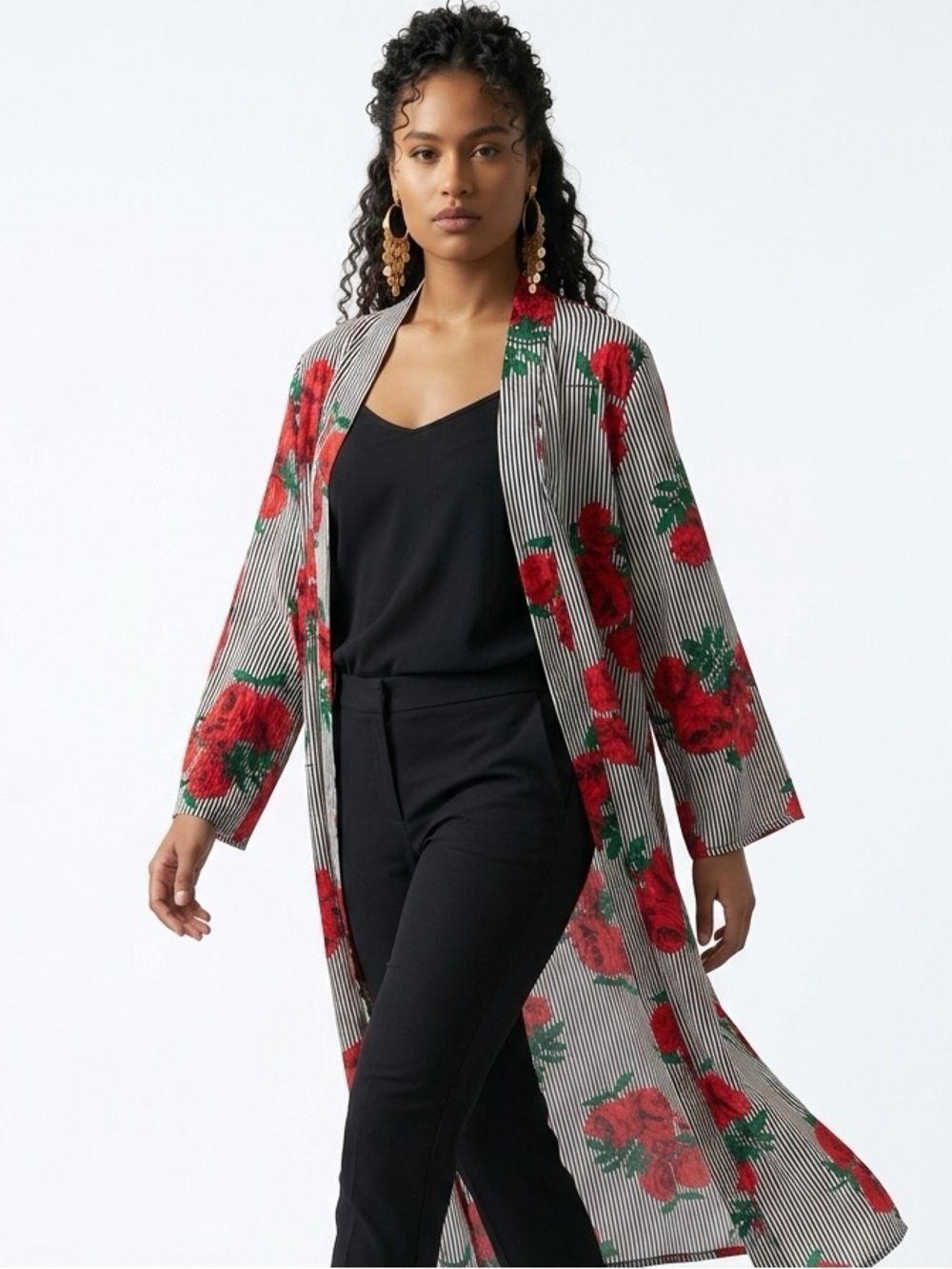 JORJA | Longline Duster Open Front Kimono Stripes & Roses Women’s Size Medium